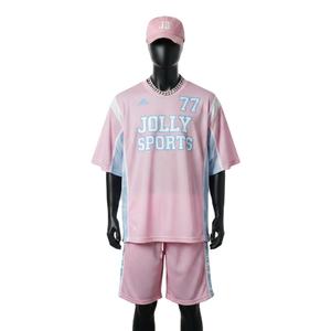 Ensemble short de basketball pour homme, polyester respirant de qualité supérieure, empiècements latéraux rose et bleu, logo personnalisé par transfert thermique. - Product Image 1