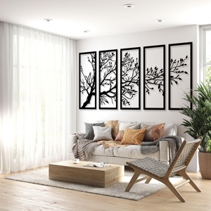 Décoration murale élégante en métal noir à motif d'arbre, 5 panneaux, pour bureau, réception, hall d'hôtel et restaurant - Product Image 3