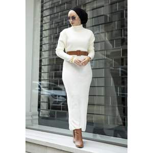 Crochet col roulé tricoté Hijab robe écru rayonne décontracté hiver automne été robe bouton décoration droite gaine naturel - Product Image 3