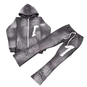 Survêtements deux pièces délavés à l'acide avec fermeture éclair, 500 GSM, capuche, strass, mode décontractée, effet délavé soleil, unisexe, OEM - Product Image 3