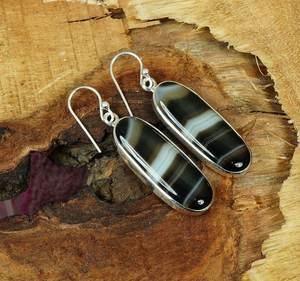 Boucles d'oreilles en argent sterling 925 avec pierre précieuse ovale longue en agate noire, bijoux faits à la main, cadeau de mode pour femmes - Product Image 3