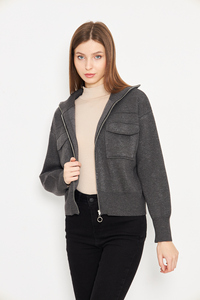 Manteau court décontracté pour femmes tricot à glissière en acier tricot manteau quotidien confortable avec col à capuche haut élégant confort assaisonné - Product Image 5