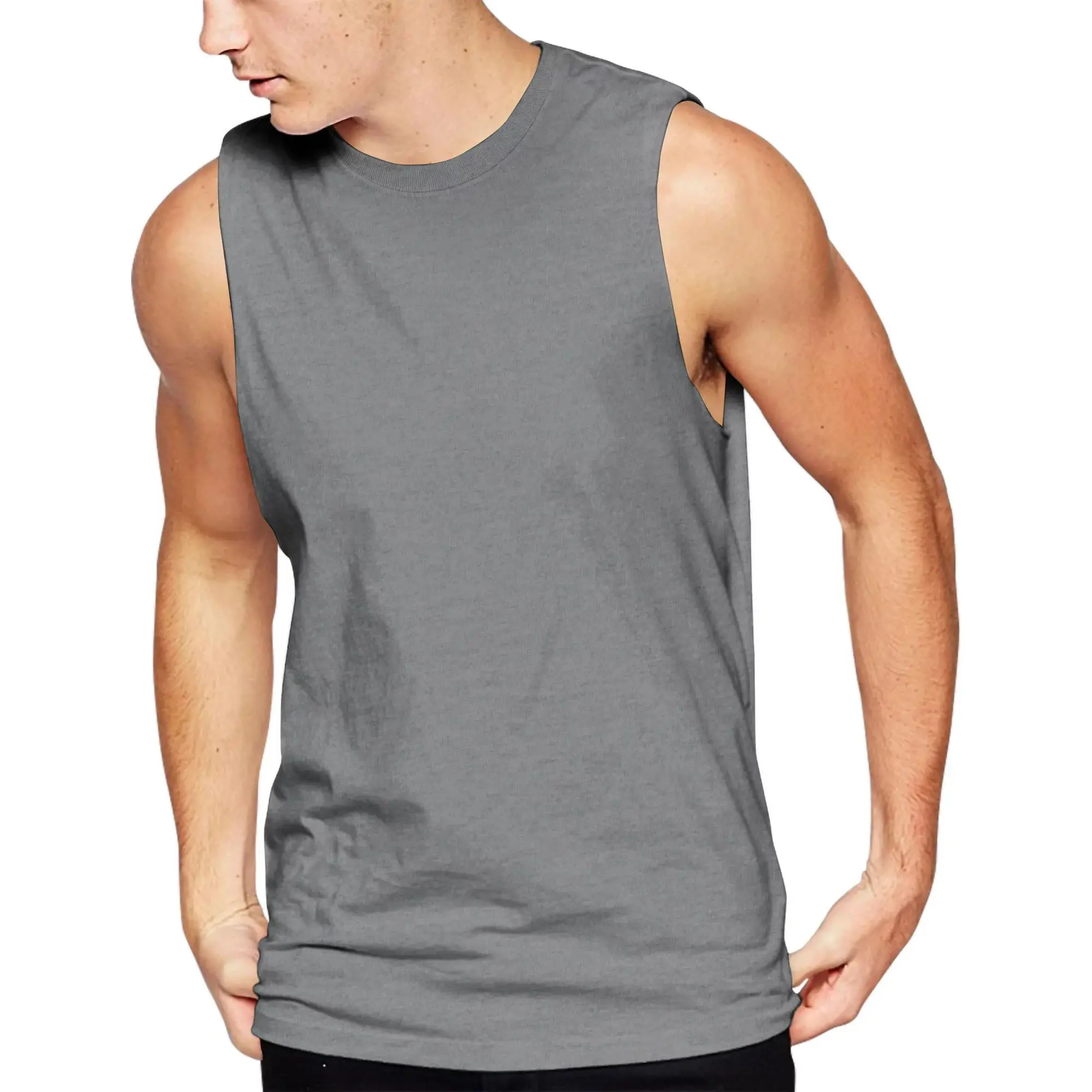 男性用グレーカラーノースリーブジムシャツ綿100% 製大人用サマーワークアウトスポーツシャツ