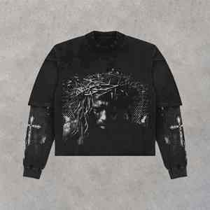 T-shirt de mode à impression personnalisée, manches longues doubles, délavé à l'acide, ample, pour homme - Product Image 1