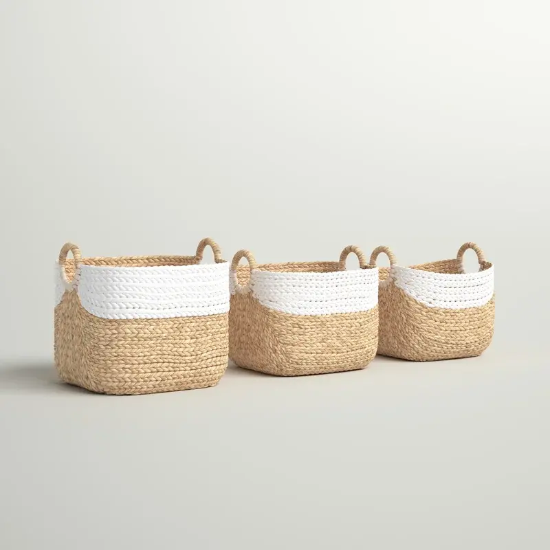 Nova coleção de alta qualidade conjunto de 3 cestas de armazenamento em jacinto de água cestas de armazenamento tecidas com alças feitas à mão no Vietnã