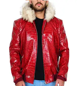 Luxury Style Cowhide Embossed Alligator Fur Hooded Men's Leather Jacket Red Fur Hooded Biker Custom Leather Jacket