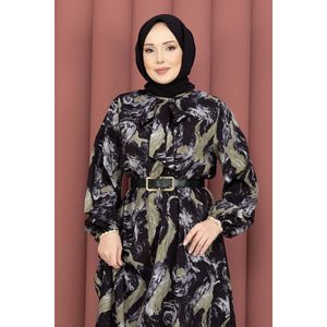 Women's Patterned Black Scarf Collar Hijab Dress Chiffon Fabric with Natural Waistline A-Line Silhouette - Product Image 2