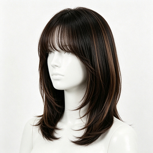 Peluca de Cabello Sintético Liso Marrón, Resistente al Calor, Sin Pegamento, Estilo Bob Corto con Flequillo para Uso Diario y Cosplay - Product Image 1