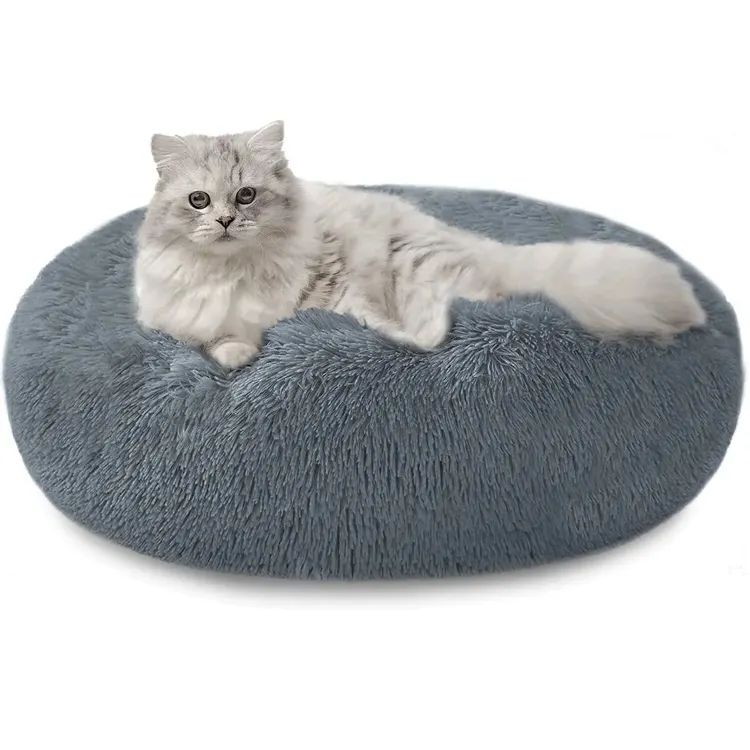 Machine Washable Donut Travel Pet Calming Beds Anti Anxiety Dog Bed Long Faux Fur Pet Bed for Dogs Cats