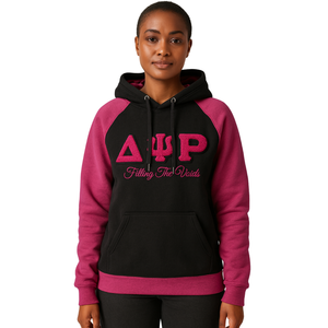 Delta Psi Rho Sorority Raglan Sleeve Pullover Hoodie Noir 80 Coton 20 Polyester Remplir les vides Greek Life Casual Wear Sweat à capuche - Product Image 1
