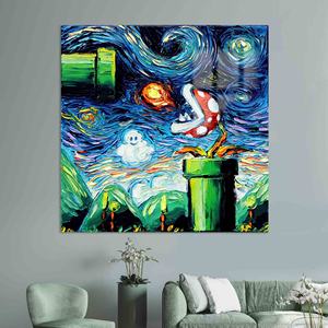 Impresión Artística en Vidrio Estilo Van Gogh de Mario World: Lienzo y Vidrio - Product Image 1
