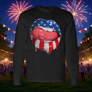 T-shirt a maniche lunghe con bandiera americana e design a labbra che scendono, design del 4 luglio - Product Image 3
