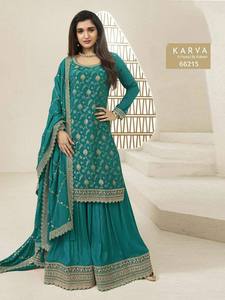 Heavy Chinon Gharara Jari Dori Stitch Work Crepe Interior Listo para usar Indian Pakistani Palazzo Matching Dupatta Trending Style - Product Image 5
