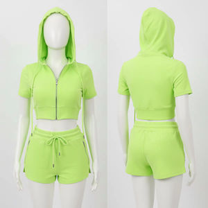 2025 New Summer High quality Custom <b>Short</b> <b>Sleeve</b> Crop <b>Top</b> Hoodie With Zipper <b>Shorts</b> Outfit Two Piece Women's Sets - Product Image 2