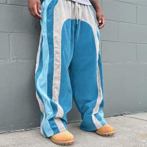 Pantalons en velours côtelé pour hommes, style streetwear urbain, patchwork arqué, pantalon large à jambes larges, rayures contrastées, bas décontractés amples - Product Image 5