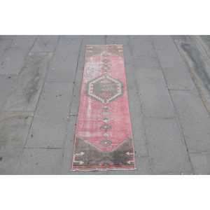 Turkish Vintage Rug 1.4x4.9 ft, <b>Red</b> Animal Print <b>Wool</b> Rug - Product Image 1