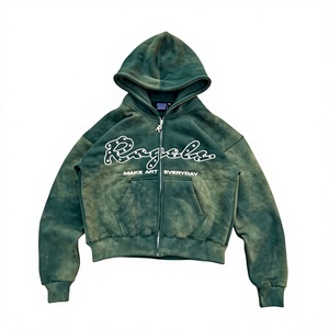 Sudadera con capucha personalizada de algodón 100% de felpa, estilo streetwear pesado, con cremallera, pedrería, lavado ácido, efecto desgastado, vintage Y2K, con cristales, oversize para hombre - Product Image 1