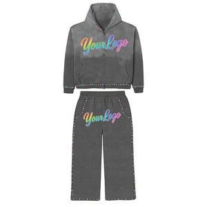 Streetwear personnalisé avec pierres précieuses Rhinestone Baggy Hoodie et pantalon de survêtement Sun Faded Dtg Print Heavyweight Hoodie Set Tracksuits pour hommes - Product Image 3