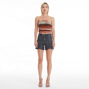 Custom Women's High <b>Waist</b> Dark Denim Shorts Breathable Embroidered <b>Jeans</b> - Product Image 4