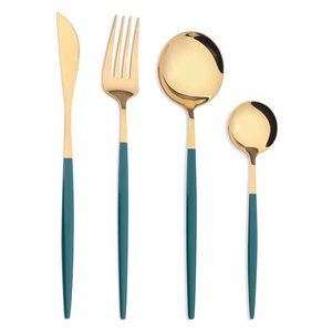 Juego de cubiertos de acero inoxidable con asas de esmalte azul Color dorado para el hogar y la boda Juegos de cubiertos - Product Image 1