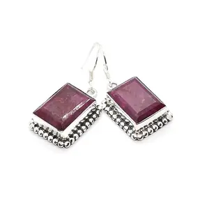 Red stone 925 sterling silver drop earrings dangle ear-studs hoop bezel tassel huggie wholesale gemstone Indian jewelry