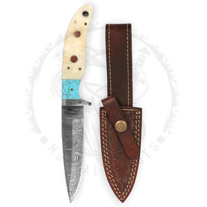 Cuchillo de Caza Recto Fijo de Acero Damasco VG10 para Exteriores, Mango de Cuerno Turquesa, Acero Inoxidable, Incluye Funda de Cuero - Product Image 2
