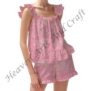 Conjunto de pijama con estampado de bloque de algodón puro para mujer, conjunto de pijama con mangas ajustadas con volantes y tiras florales para Primavera/Verano - Product Image 5