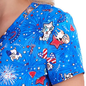 Women's Blue Patriotic Print 100% Cotton <b>Scrub</b> <b>Top</b> with Stars Fireworks and Animals V-Neck Short Sleeve Hospital Uniform - Product Image 4