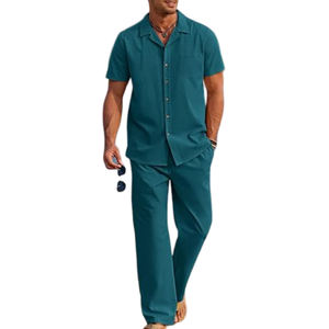 Ensemble formel 2 pièces pour homme en molleton respirant bleu-vert, chemise boutonnée et pantalon ample, fermeture boutonnée, idéal pour l'été - Vente en gros - Product Image 4