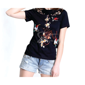 Camiseta de pana vaquera para mujer con logotipo de impresión personalizado de alta calidad con agujero y botón, camiseta de verano Flexible de Material personalizado - Product Image 4