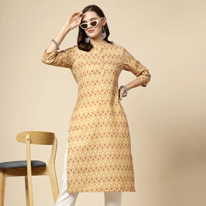 Tendance estivale : Robe élégante pour femme en coton, col rond, coupe droite, couleur beige, style indien traditionnel, lavable, OEM - Product Image 1