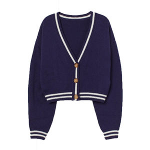 Factory Customization Women's Clothing Autumn New Style Loose V-neck Simple Contrast Color Design Knitted <b>Cardigans</b> Sweater - Product Image 6