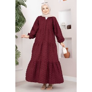 Burgundy Tassel Textured Buttoned Layered <b>Dress</b> Slits Draped Empire Modest One Fits All for Birthday Parties Clubs Daily Wear - Product Image 3