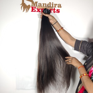 Extensiones de cabello humano de templo indio, mechones rizados rectos de onda larga suelta de color negro, proveedor virgen natural crudo 100% - Product Image 1