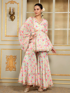 SAADGI GULISTAN SHARARA SET-Robe décontractée en coton avec demi-manches évidées et robe évasée pour femme - Product Image 5