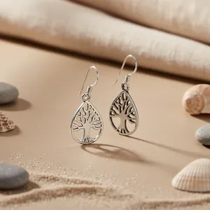 Boucles d'oreilles en argent 925 - Plaqué or - Diamants - Design Arbre de Vie Chrétien - Pour mariages et fêtes - Product Image 2