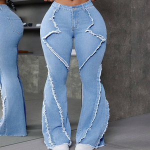 Pantalones de mezclilla con patrón de tamaño personalizable para uso en exteriores Nuevo estilo holgado elegante Ropa informal Pantalones Acampanados para mujer Sólido - Product Image 1