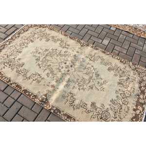 Turkish Vintage <b>Wool</b> Rug 3.8x6.9 ft <b>Brown</b> Patchwork Design Eco-Friendly Latex Backing - Product Image 4