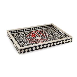 Bandeja para servir comida de madera anhelada a mano con incrustaciones de hueso - Product Image 1