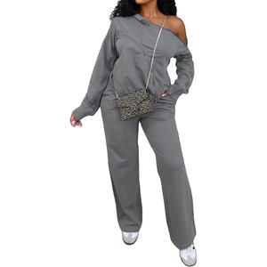 Conjunto de Dos Piezas de Ropa para Mujer, Diseño Personalizado de Invierno con Cierre y Hombros Descubiertos, Top Informal de Manga Larga y Pantalones Anchos - Product Image 2