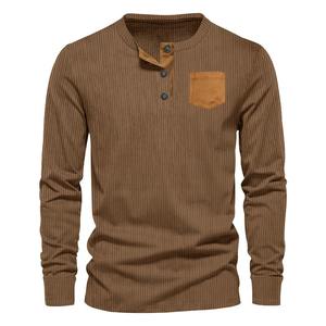 2024 Henry <b>Men's</b> Long-Sleeved Patch Bag T-<b>Shirt</b> <b>Corduroy</b> Leisure Style <b>for</b> Foreign Trade <b>Men's</b> Spring New Design - Product Image 2