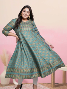 Kurta Anarkali de rayón verde con estampado floral, tela suave, ajuste cómodo, elegante para uso diario con estilo tradicional indio. - Product Image 5