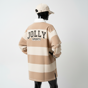 Camiseta de rugby para mujer, mezcla de algodón premium GSM, beige con paneles blancos a rayas, logotipo bordado personalizado, corte holgado, camisetas de rugby para mujer - Product Image 5