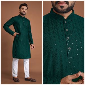 Kurta de algodón recto Manyawar para hombre con trabajo de lentejuelas Sherwani de seda elegante para niños - Product Image 2