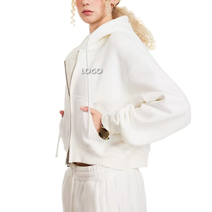 Haute qualité décontracté ample recadrée sweats à capuche en gros couleur unie Vintage femmes fermeture éclair sweats à capuche manteau veste à capuche - Product Image 2