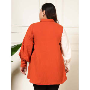 Deebaco Women's <b>Plus</b> <b>Size</b> Color Blocked Shirt Long Sleeve Turn-down Collar Puff Sleeve <b>Linen</b> Cotton Blouse Autumn Casual <b>Top</b> - Product Image 4