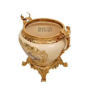 Maceta de Cerámica Beige de Lujo con Decoración de Latón Chapado en Oro - Product Image 3