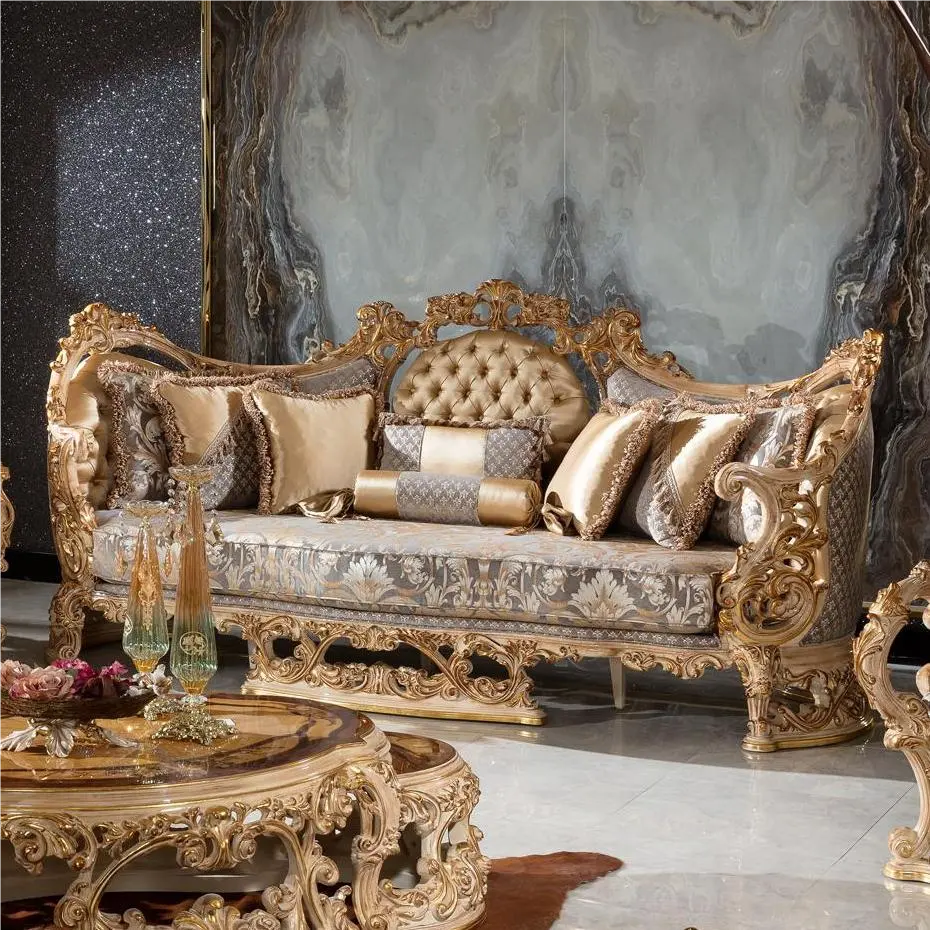 Royal Luxury Style Sofa Set 100% Hand Carving Customized Fabric Upholstery Living Room Sofa