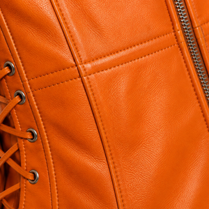 Veste moto en cuir véritable Orange pour femme, manches longues, fermeture éclair, style corset à lacets, vêtements d'automne et d'hiver - Product Image 5