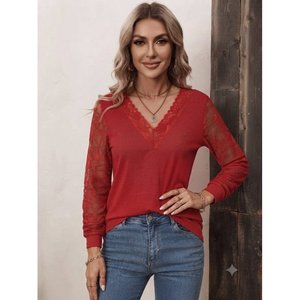 Blusa de viscosa con encaje y cuello en V de manga larga para mujer, 37369 - Rojo - Product Image 3